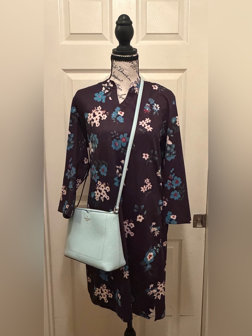 Sun Protection UPF Women's Black Floral Mini Dress with Blue and Pink Blooms